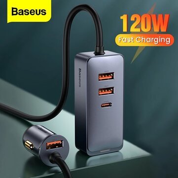 Baseus Share Together PPS Multi-Port Fast Charging Car Charger With Extension Cord 120W 2U+2C – Gray
